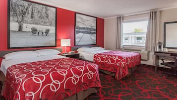 Desk, laptop workspace, blackout drapes, soundproofing