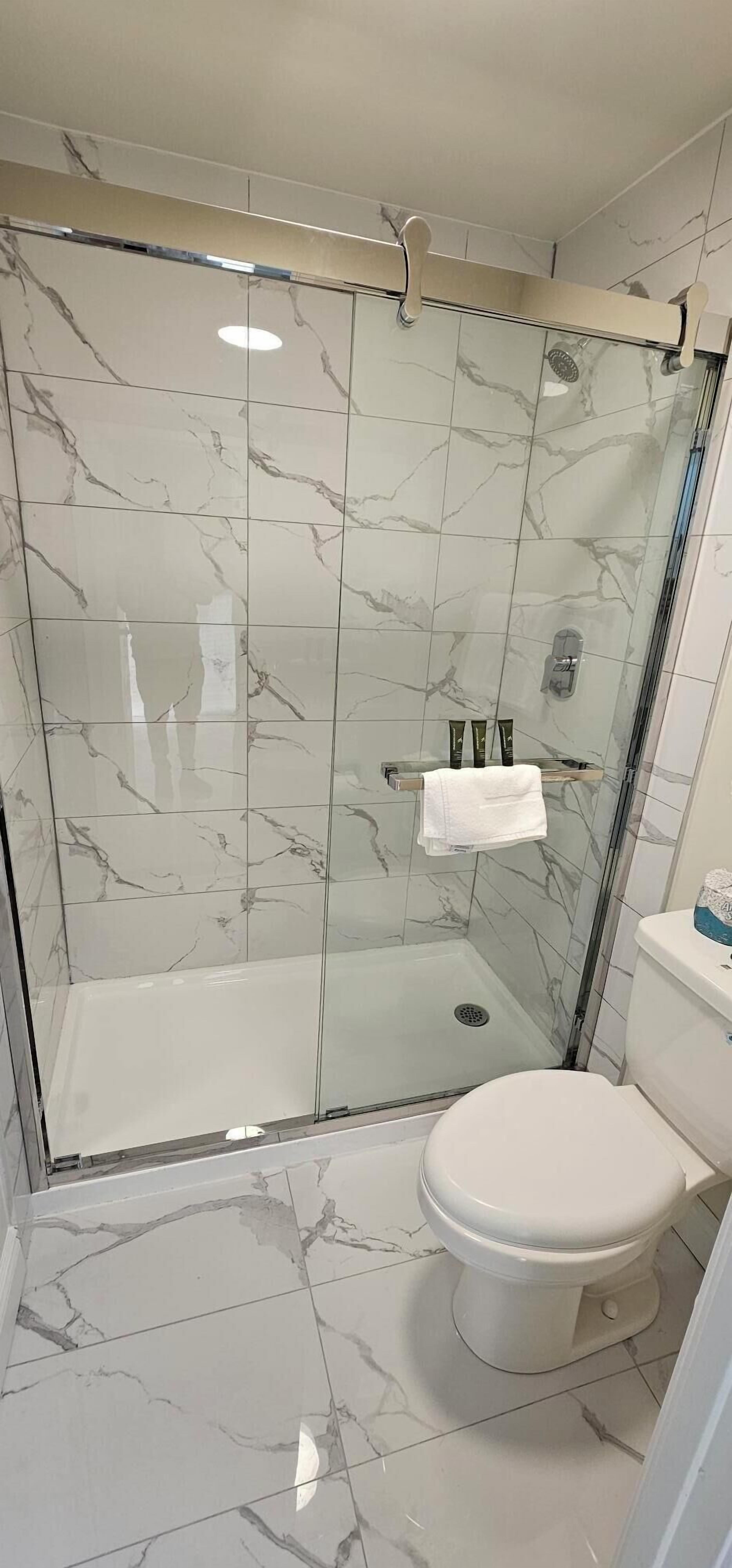 A bathroom with a glass-enclosed shower, a white toilet, and marble-patterned tiles.