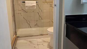 Un baño con ducha envuelta en vidrio, un inodoro y un lavamanos negro.