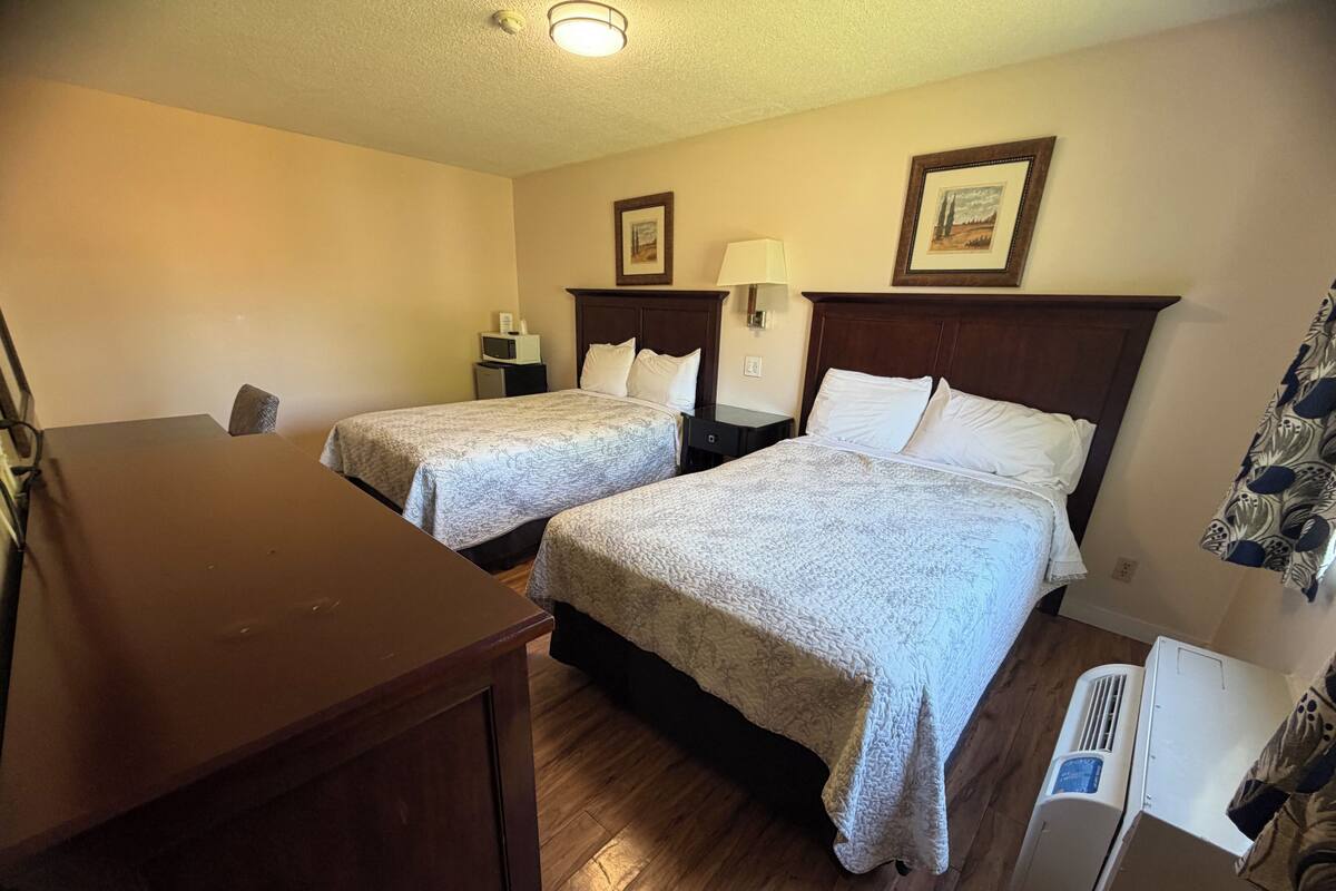 A hotel room with two beds, a desk, a chair, a TV, a lamp, and an air conditioner.