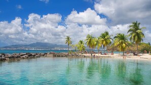 A beach with clear turquoise water, palm trees, and a rocky shoreline. - Village Creole (Trois-Ilets)