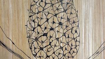 Una piña con superficie texturizada, posiblemente un adorno o decoración mural.