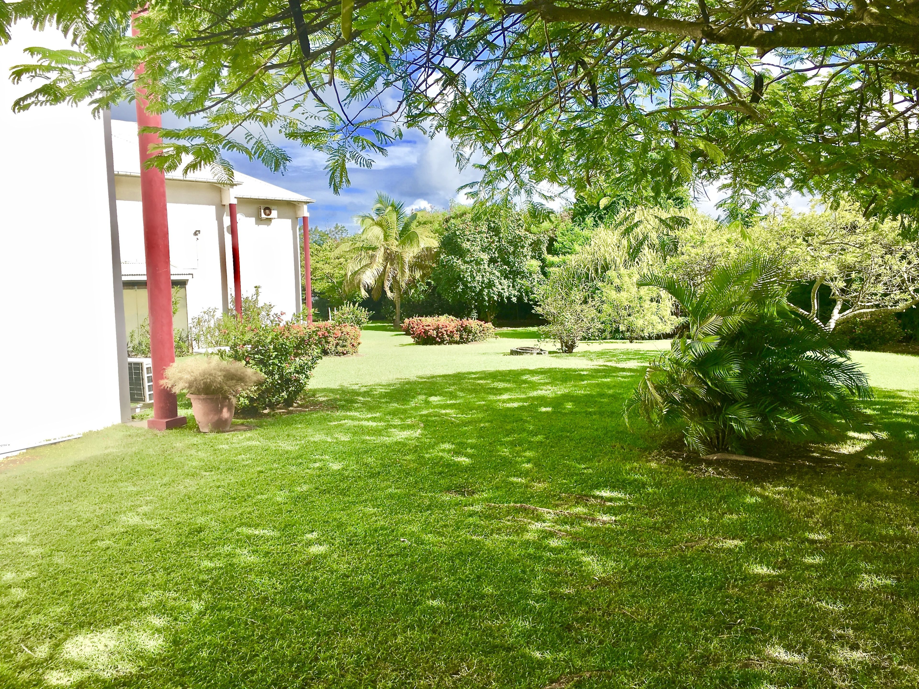 A well-maintained garden with a white building featuring red pillars, surrounded by lush greenery and palm trees.
