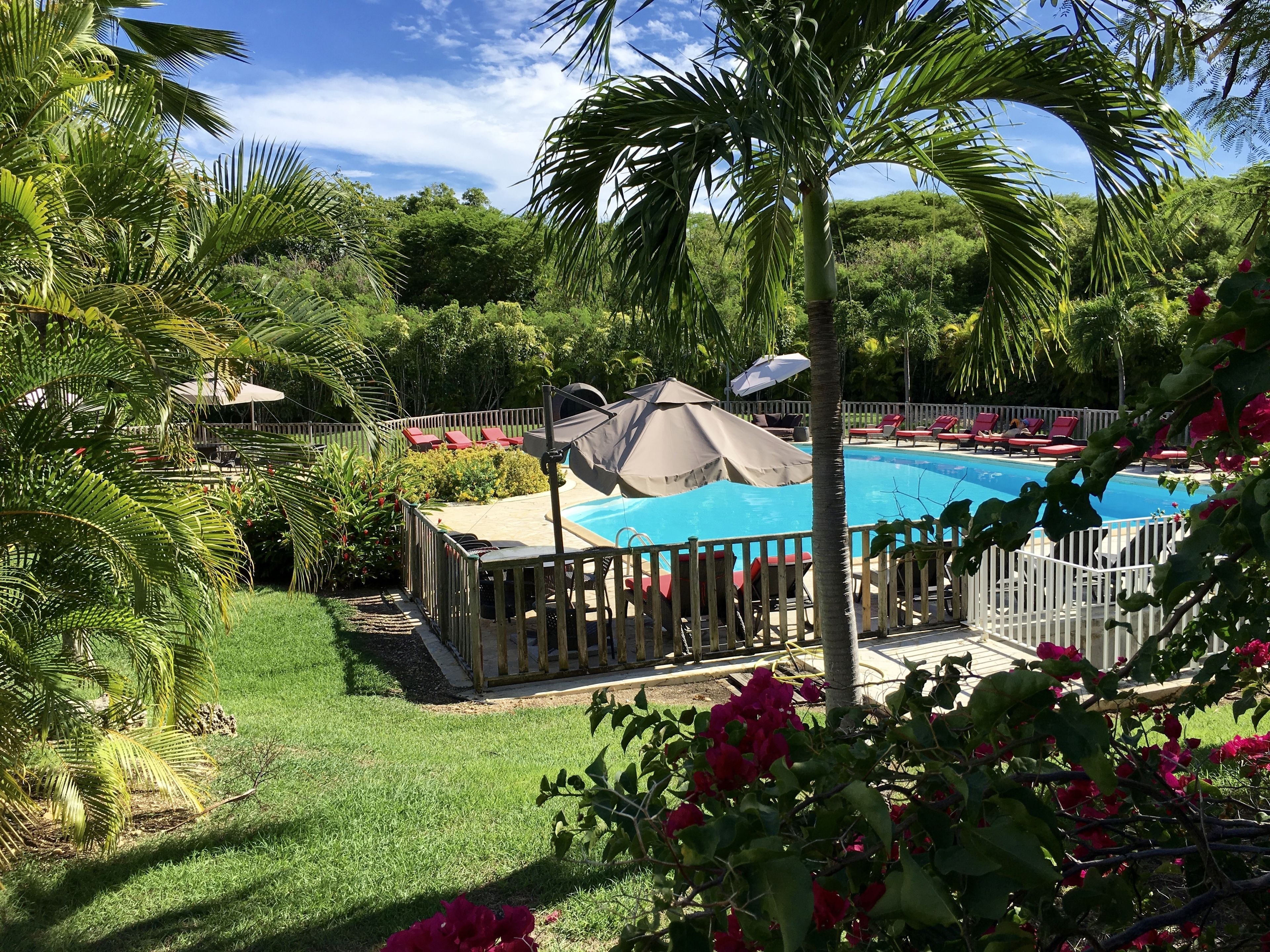 Una piscina circondata da una recinzione in legno, con lettini e ombrelloni rossi.