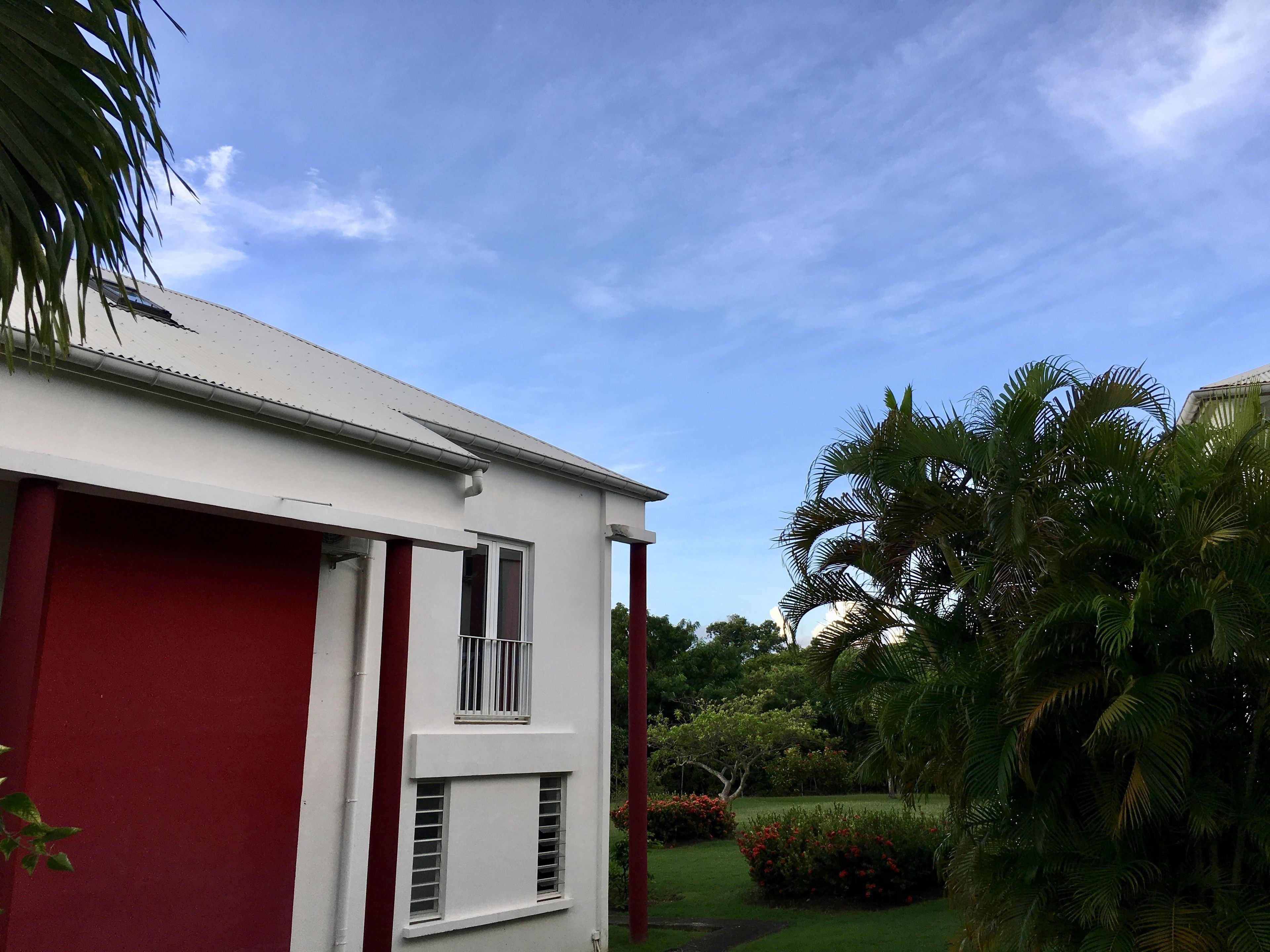 A white building with red accents and a garden with palm trees and flowers.