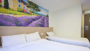 A hotel room with two beds, a wooden headboard, and a large painting of a landscape. - B&B HOTEL BOLLENE (Bollene)