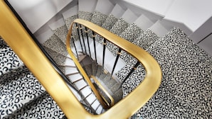 A staircase with a leopard print carpet and a golden handrail. - Garden Saint Martin (Paris)