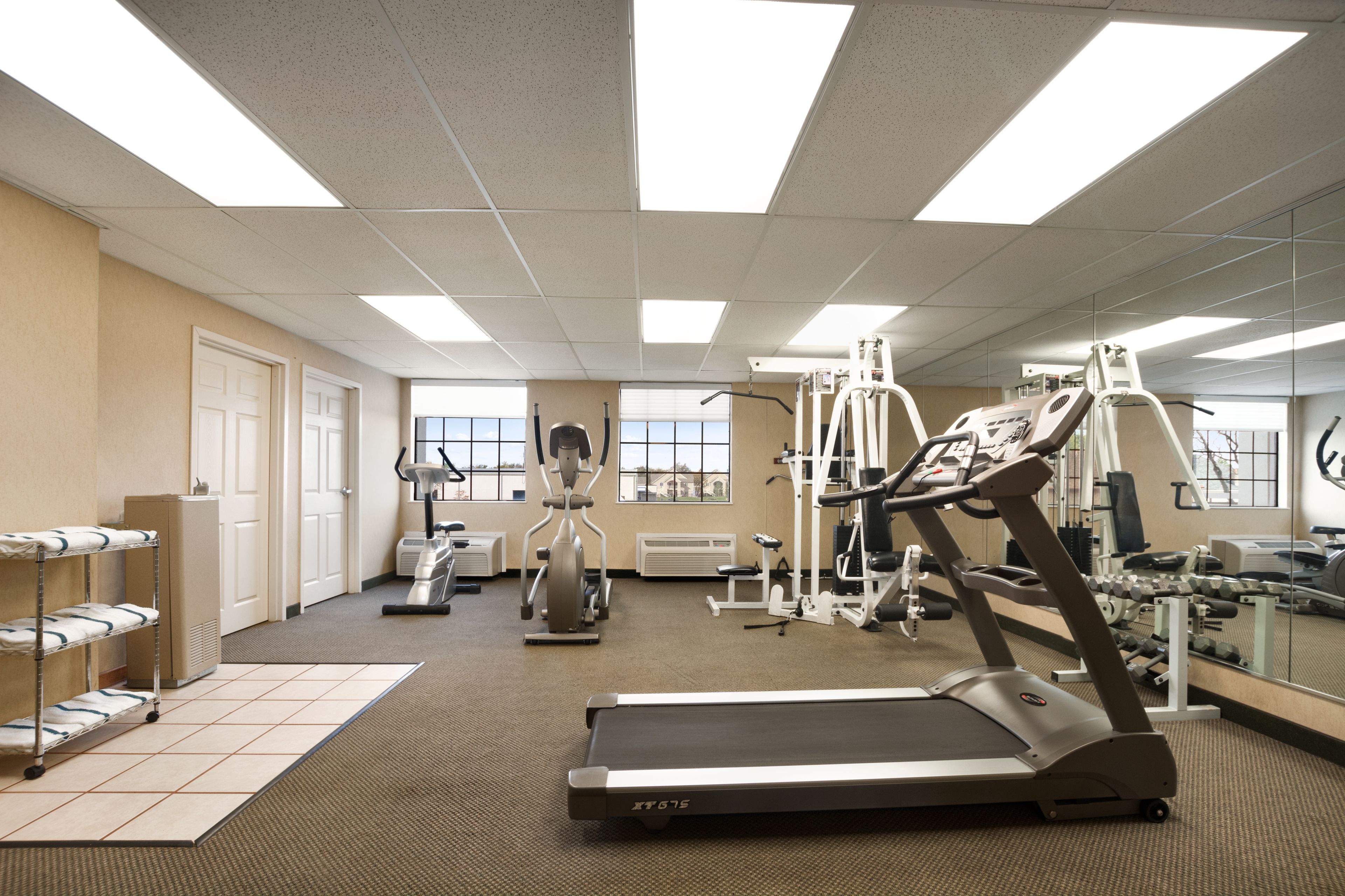 A gym with treadmills, elliptical machines, and weight equipment.