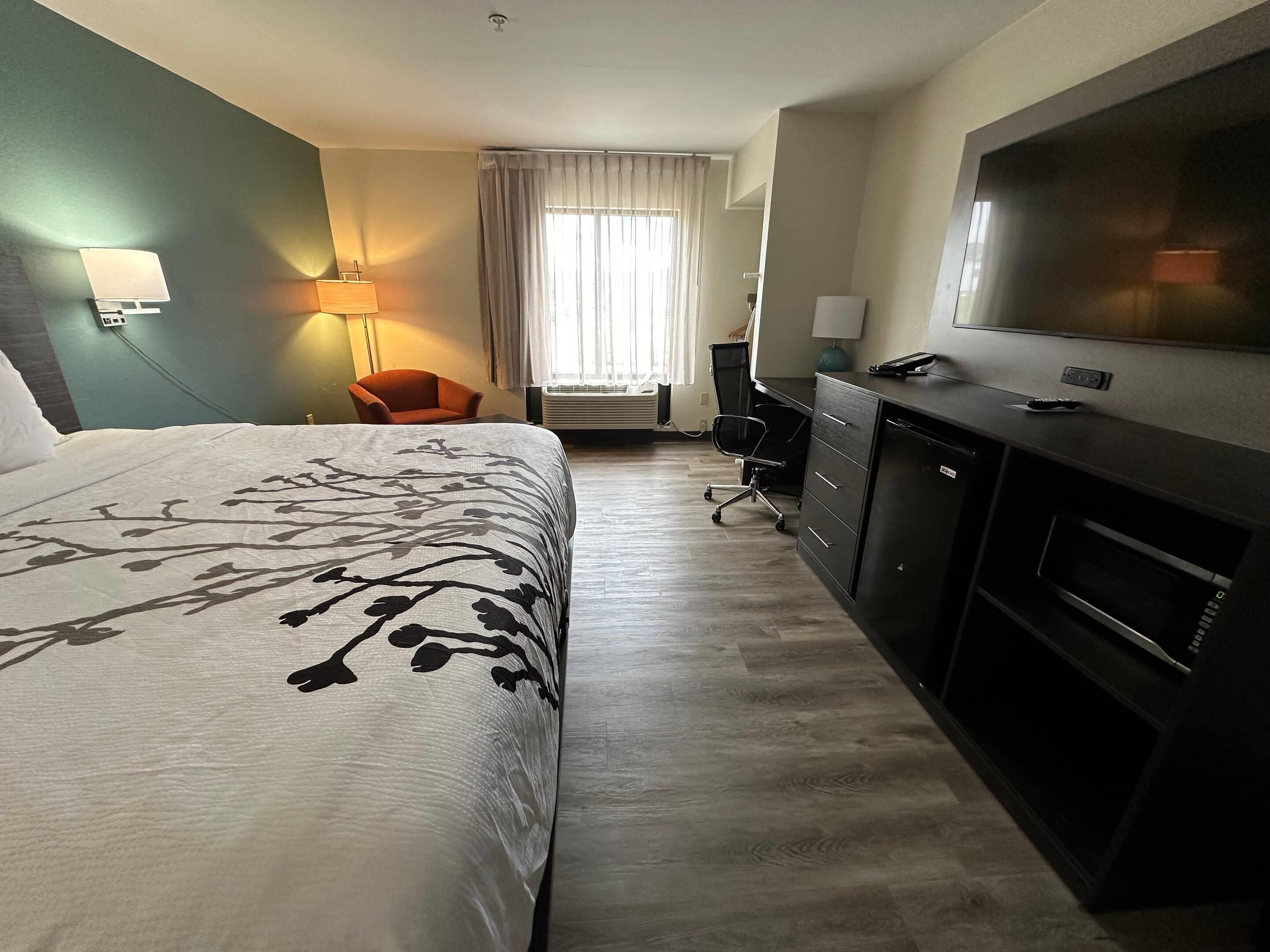 A hotel room with a bed, desk, chair, TV, and air conditioning unit.
