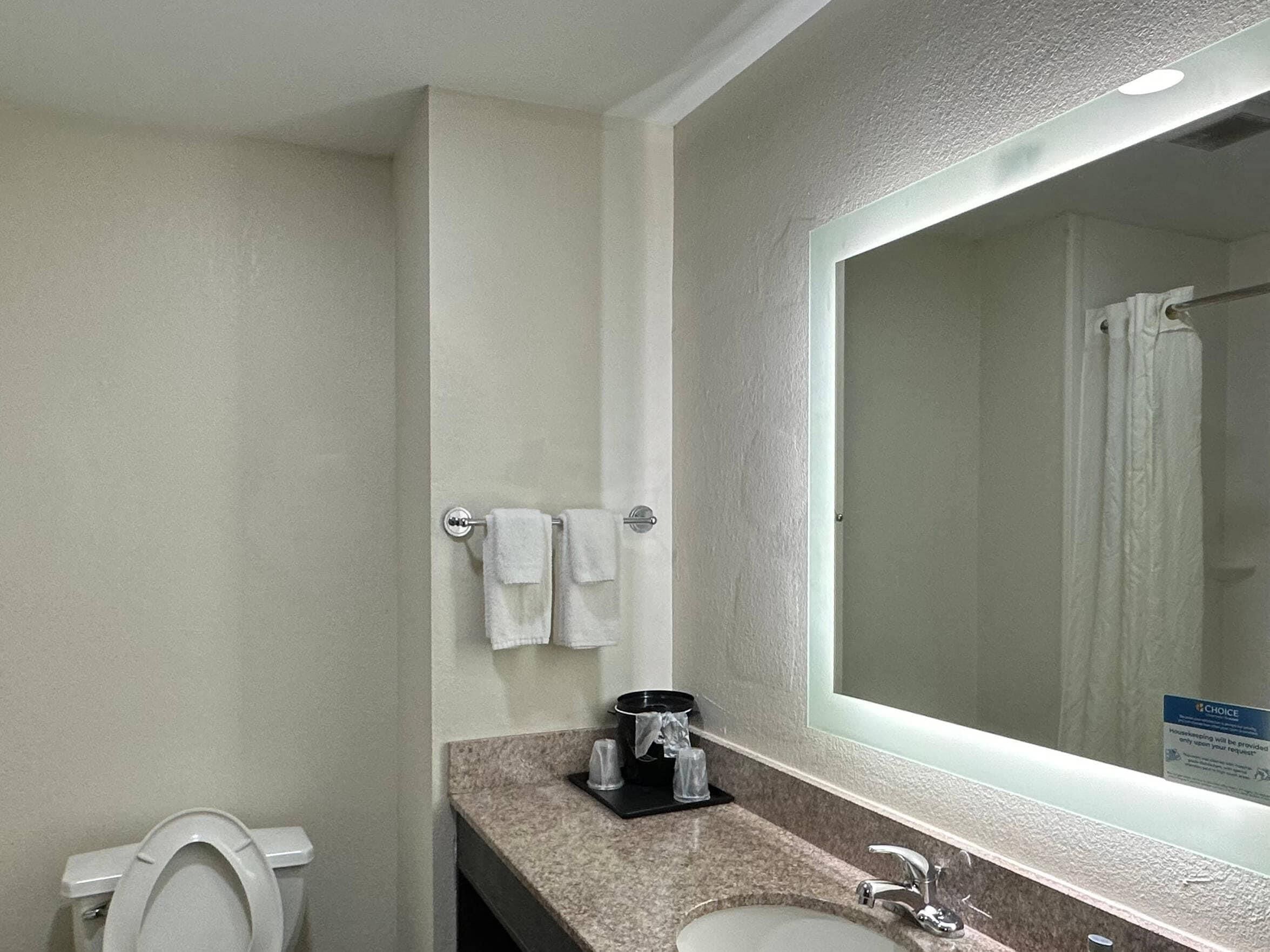 A bathroom with a toilet, sink, and mirror.