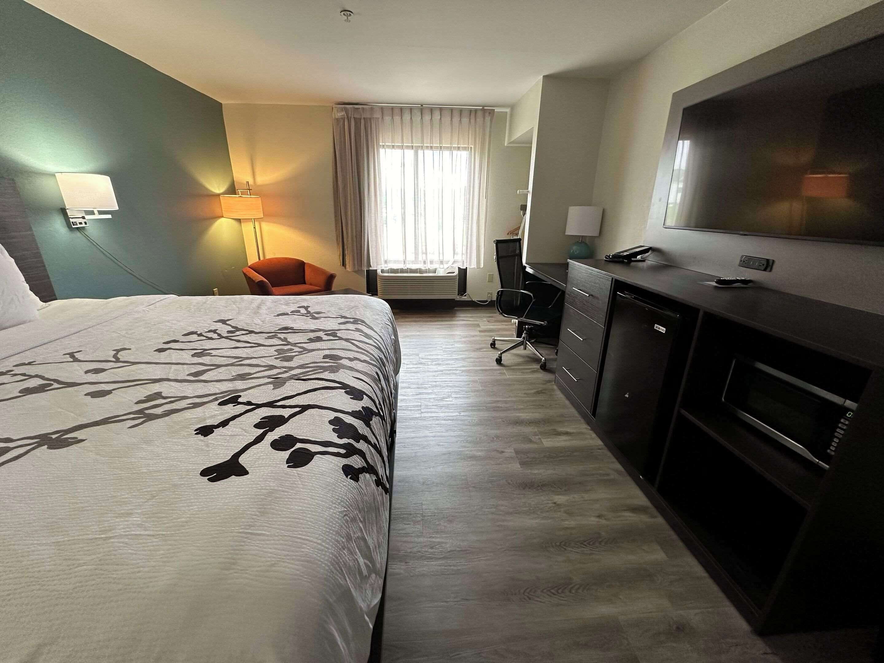 Habitación de hotel con cama, escritorio, silla, televisión y ventana con cortinas.