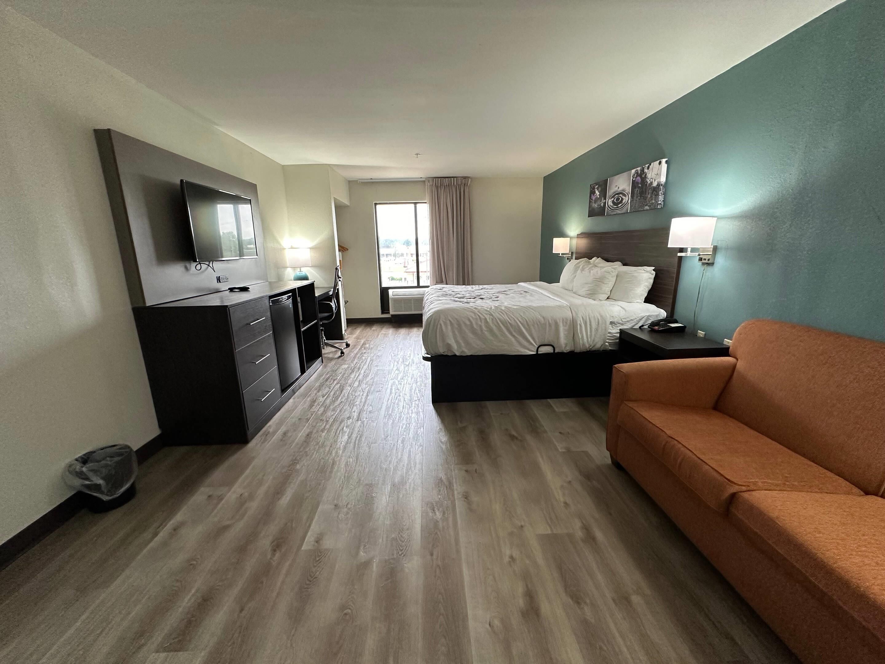 Una habitación de hotel con cama, escritorio, televisión, sofá y ventana con cortinas.