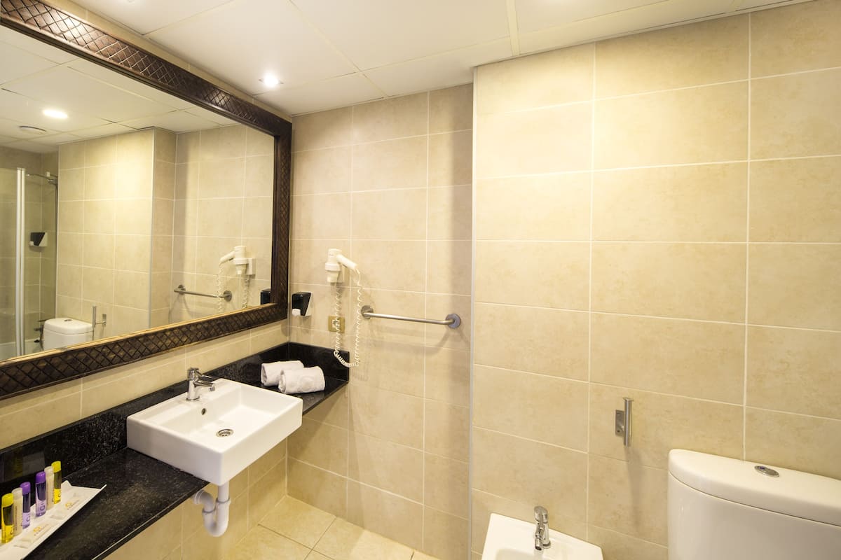 free toiletries, hair dryer, towels