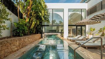 Une piscine intérieure moderne, dotée d’une eau cristalline, entourée d’une végétation tropicale luxuriante et d’un mur de pierre.