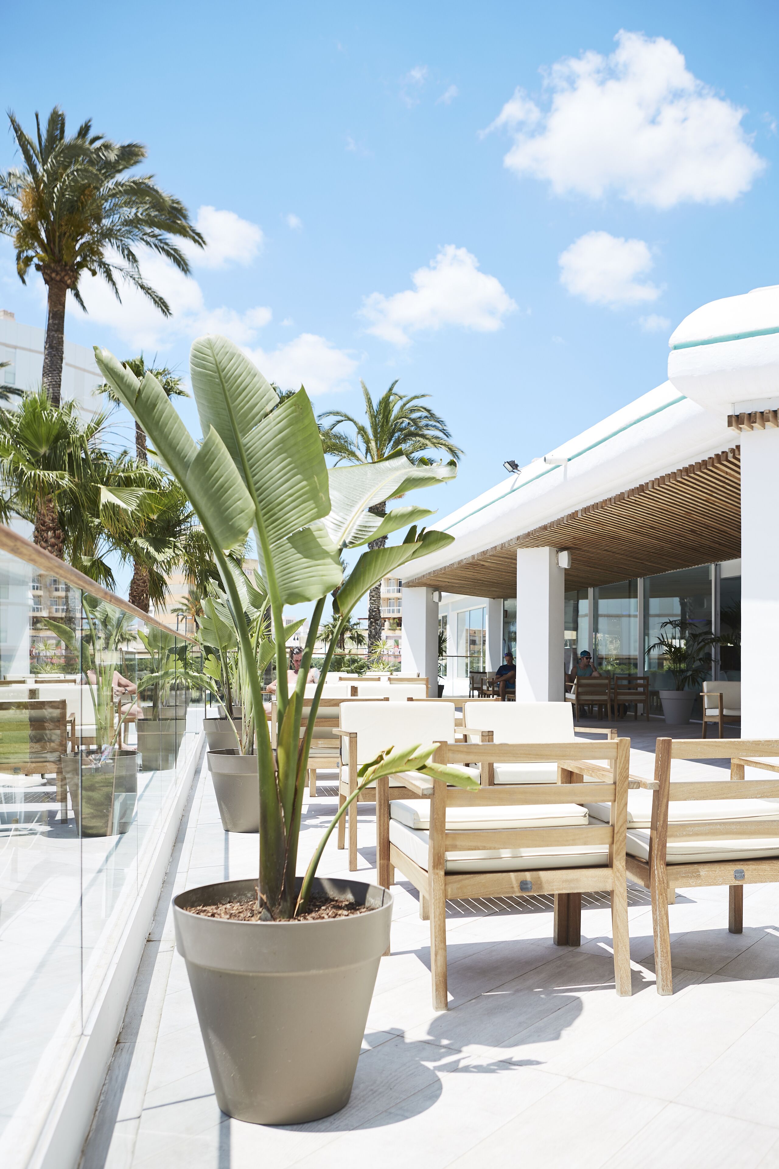 Un espace extérieur aménagé avec des plantes en pot, des chaises en bois et une rambarde en verre donnant sur un panorama urbain.
