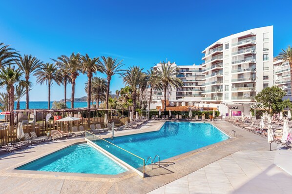 Outdoor pool, pool umbrellas, pool loungers