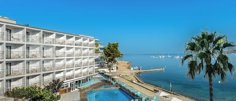 Outdoor pool, pool umbrellas, pool loungers