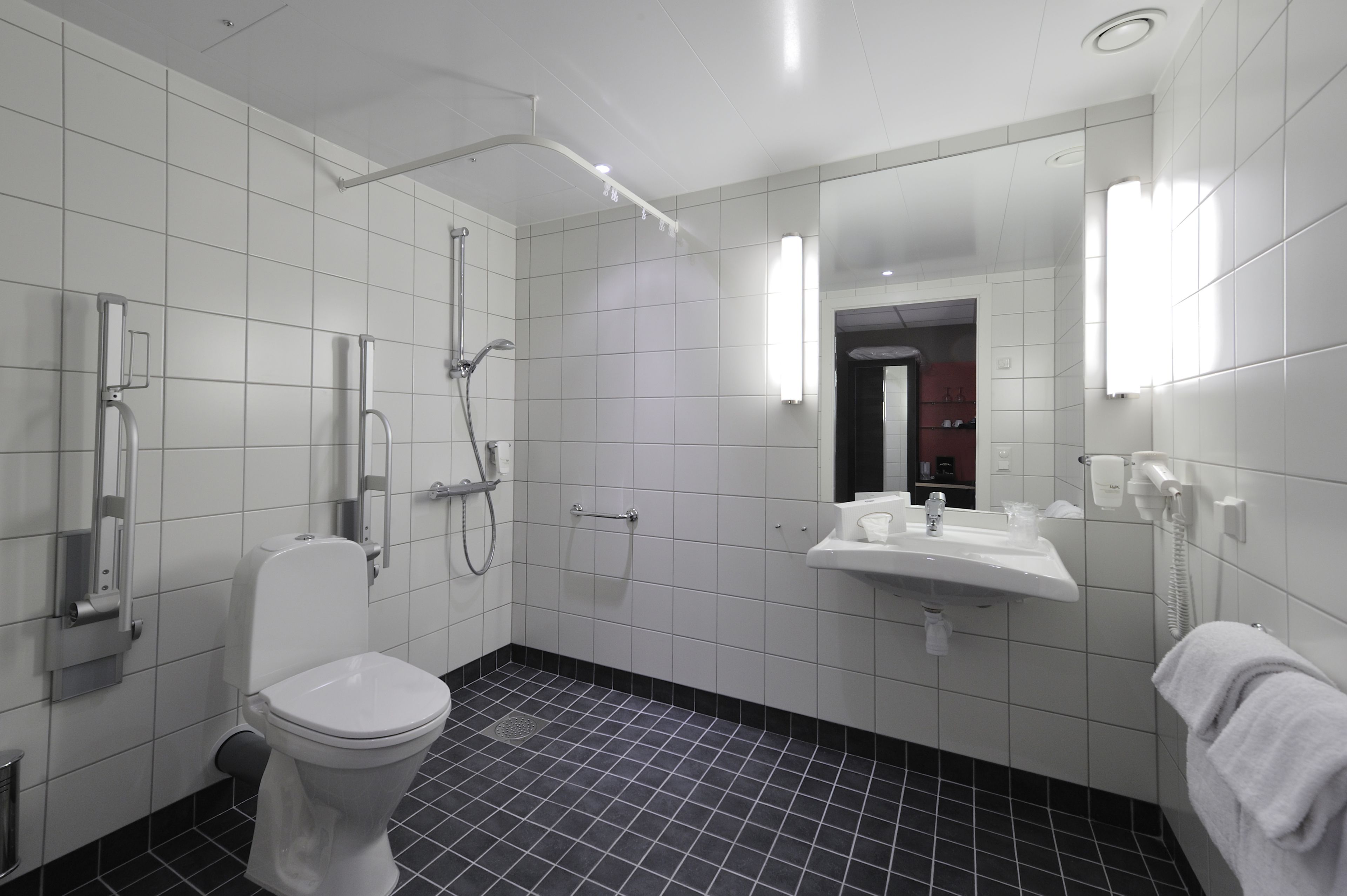 Un baño moderno con inodoro, ducha y lavamanos.