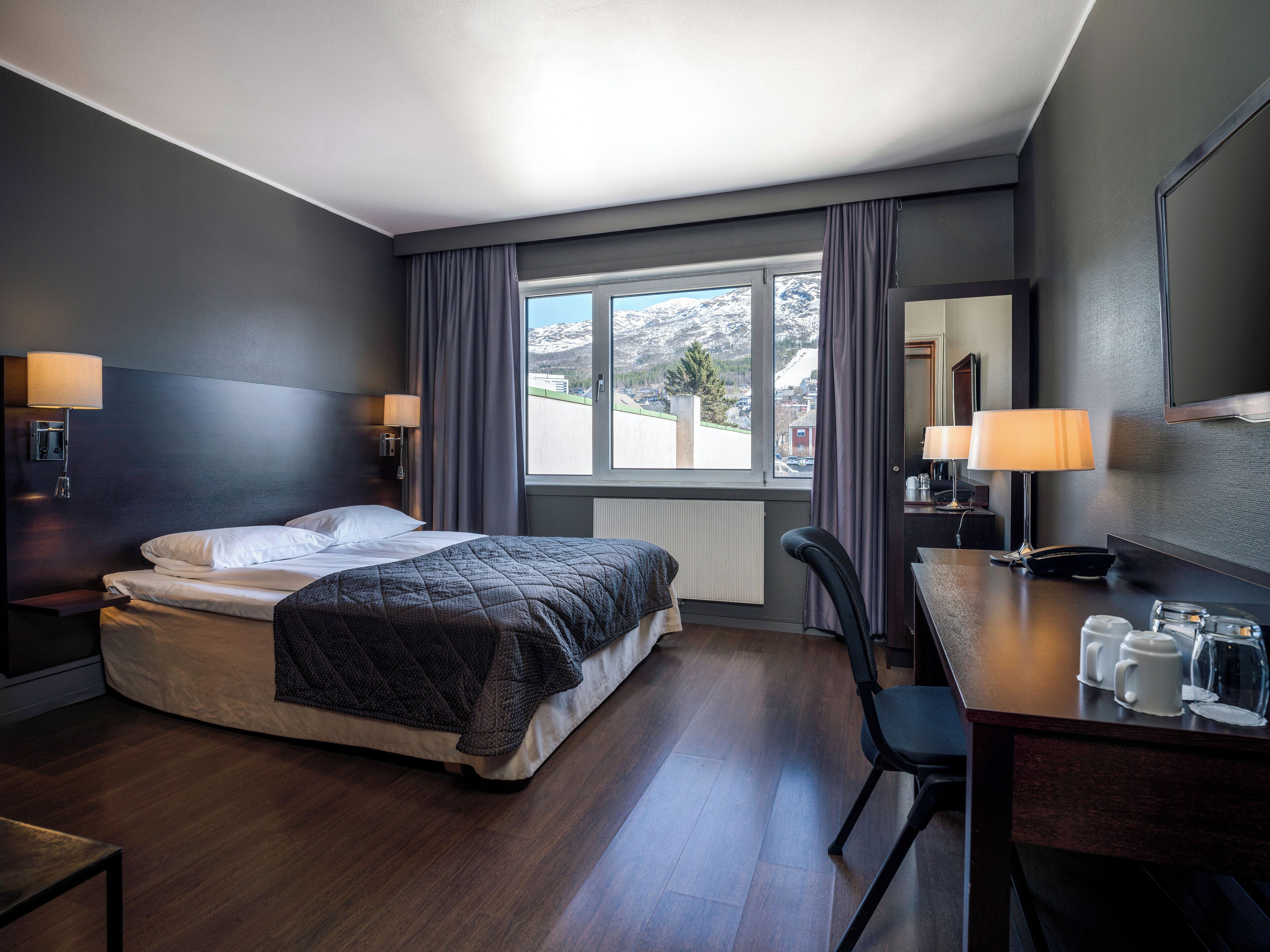 Desk, laptop workspace, blackout curtains, soundproofing