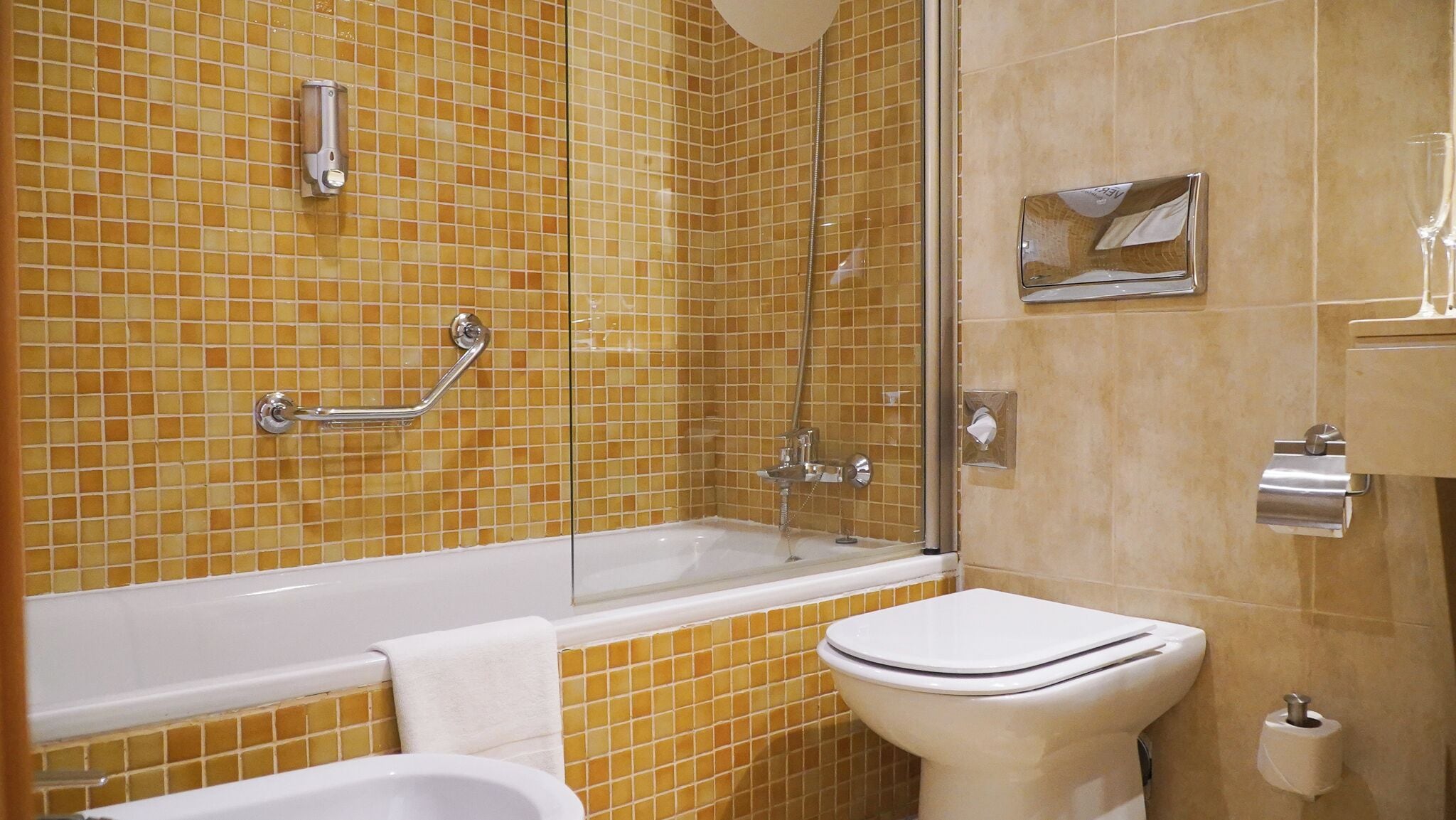 free toiletries, hair dryer, bidet, towels