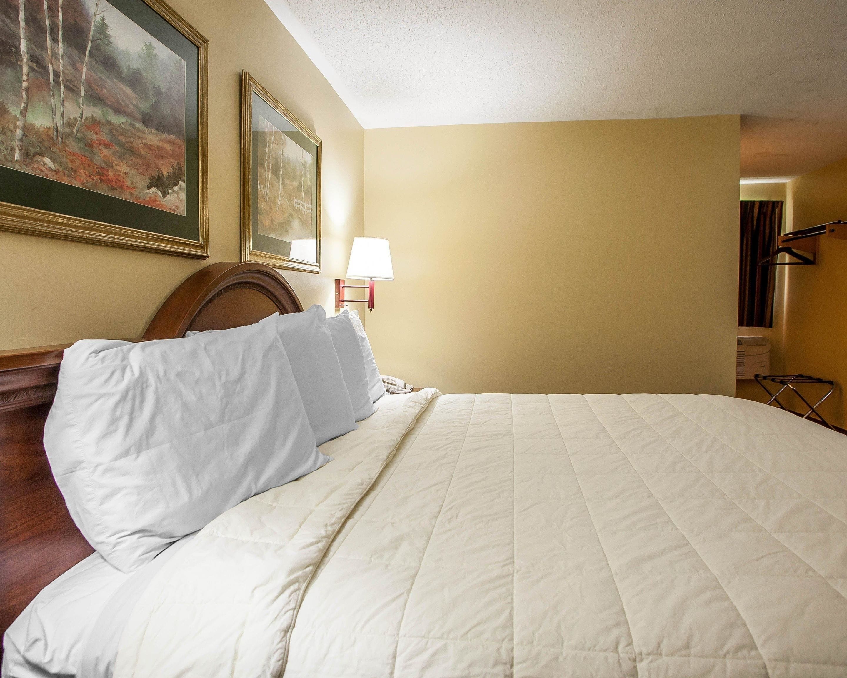 A hotel room with a large bed, a wooden headboard, a painting on the wall, and a nightstand with a lamp.