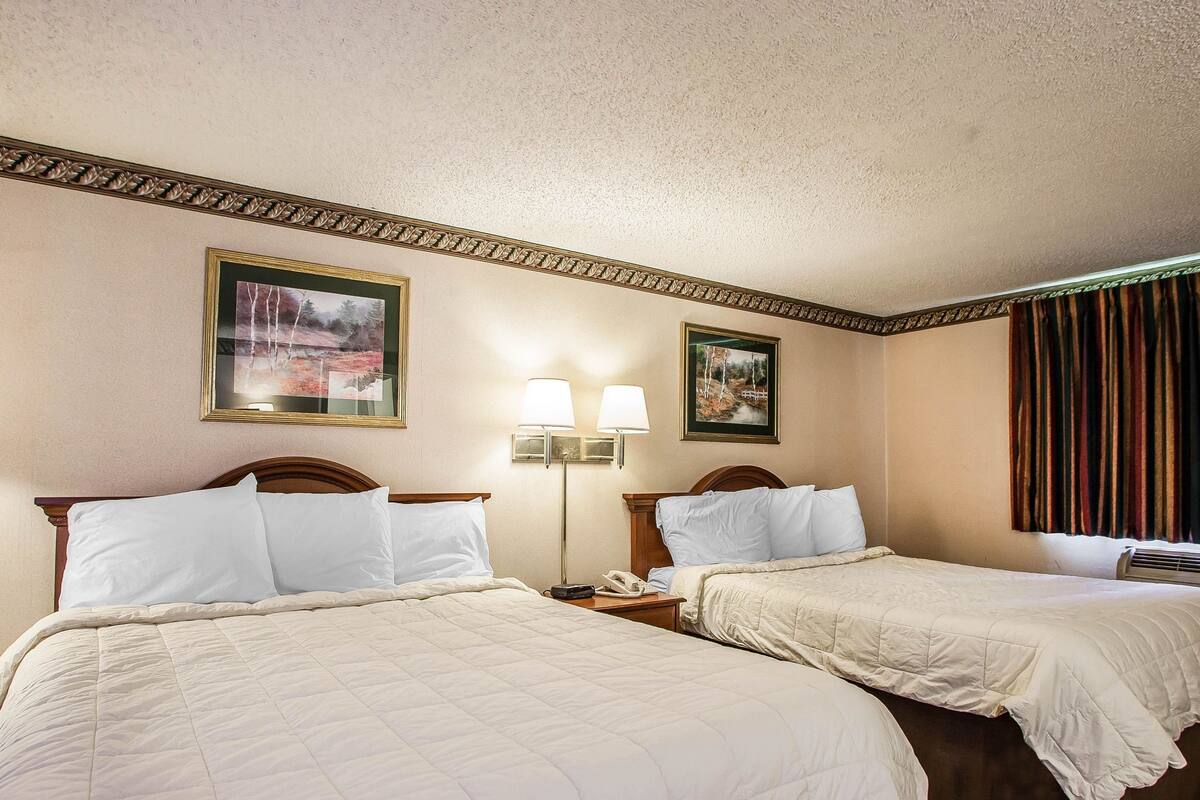 Habitación de hotel con dos camas, una mesita de noche con lámpara y dos cuadros en la pared.