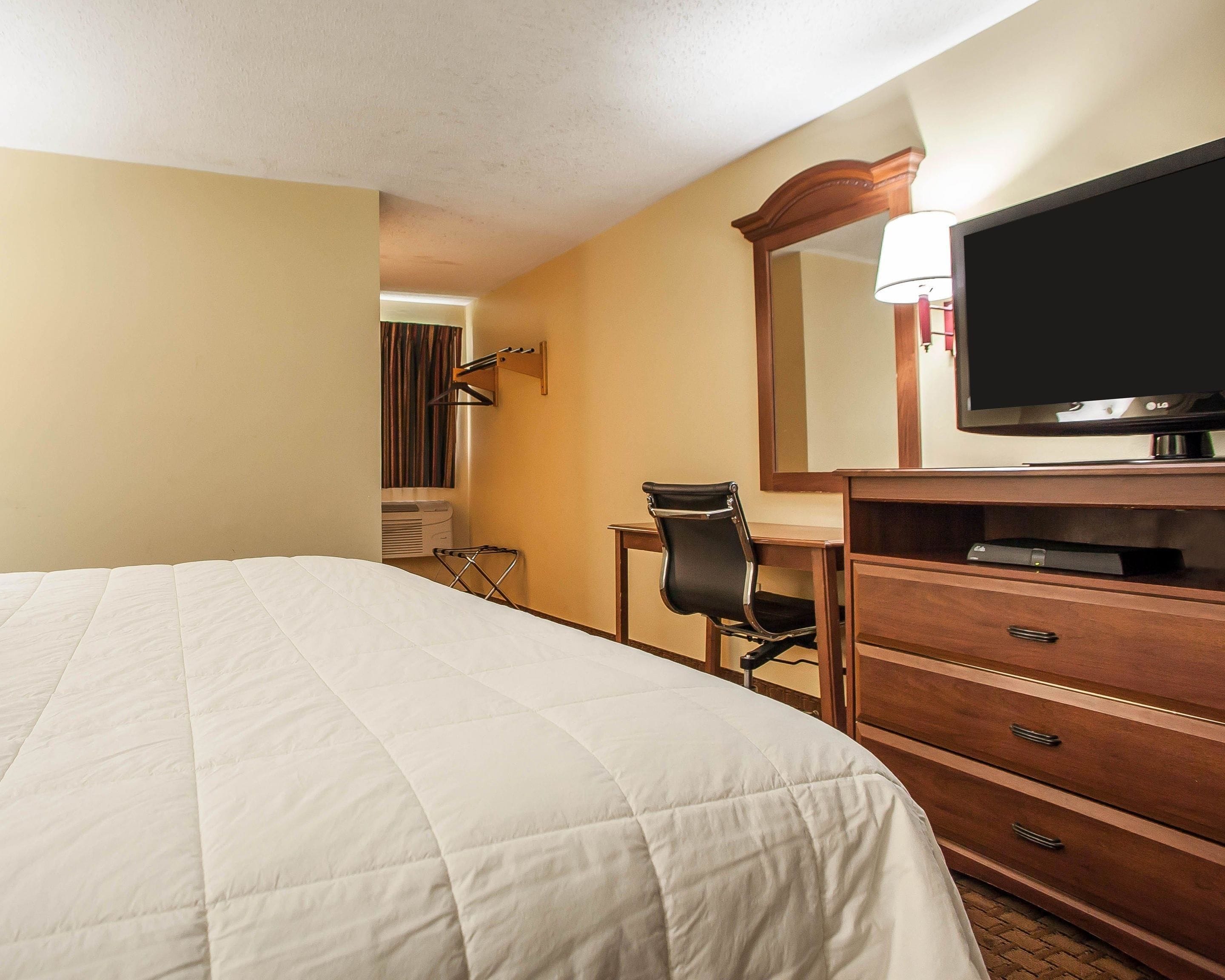 A hotel room with a bed, a desk with a chair, a television, and a mirror.