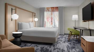 Premium bedding, desk, blackout curtains, iron/ironing board