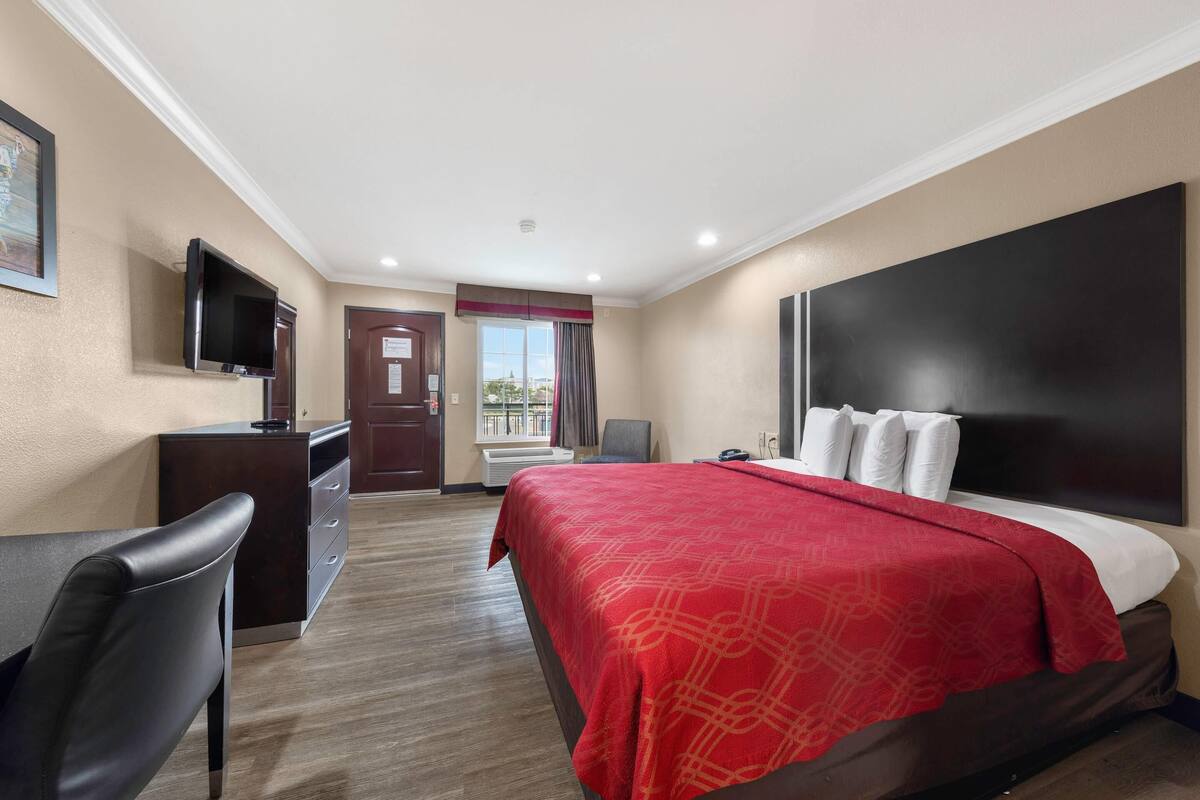 Une chambre d’hôtel équipée d’un lit, d’un bureau, d’une chaise, d’une télévision et d’une fenêtre avec des rideaux.