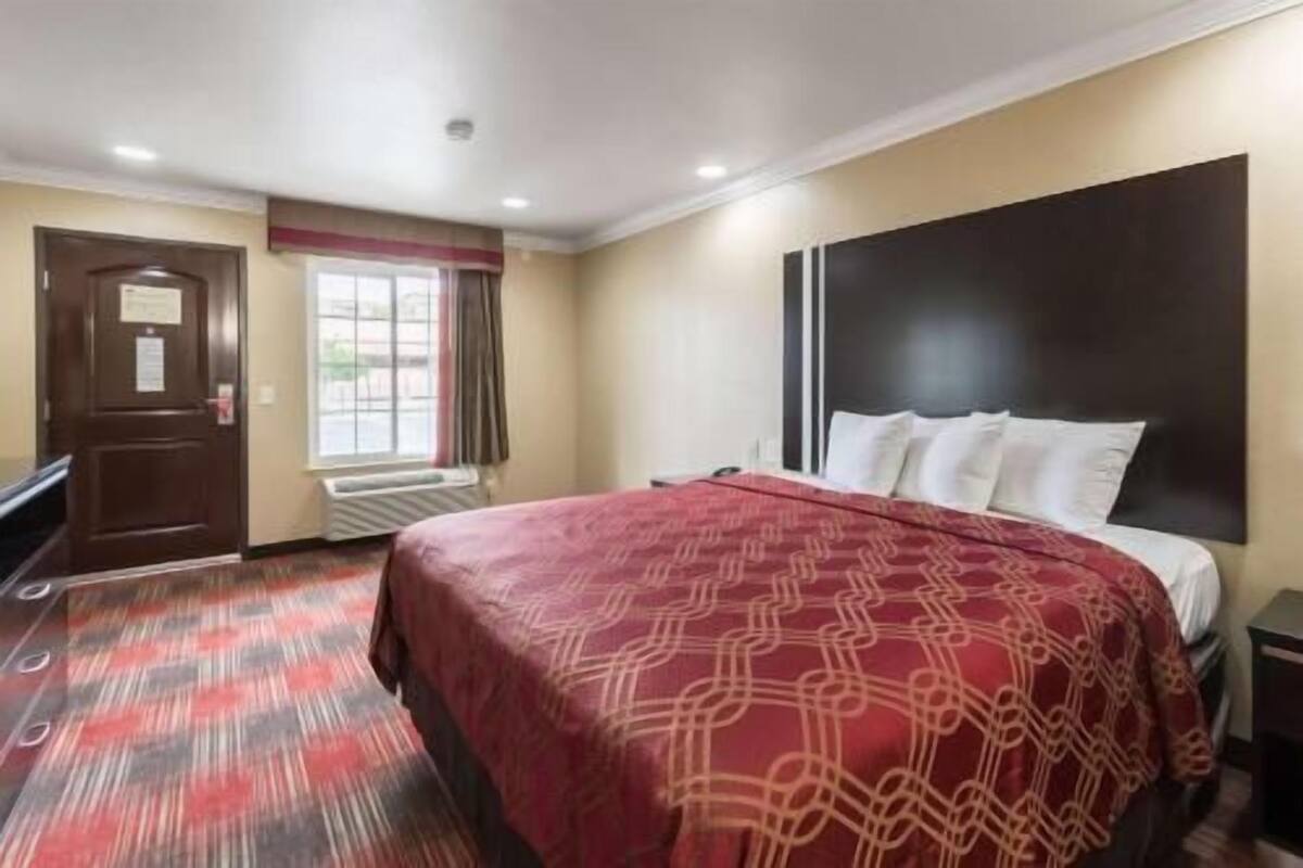 Une chambre d’hôtel avec un lit, un bureau, une fenêtre et une porte.