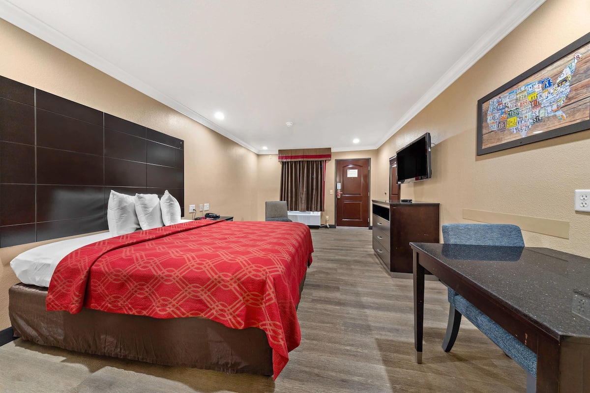 Une chambre d’hôtel avec un lit, un bureau, une chaise, une télévision et un tableau au mur.