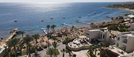 A coastal resort with a marina, palm trees, and a beach area.