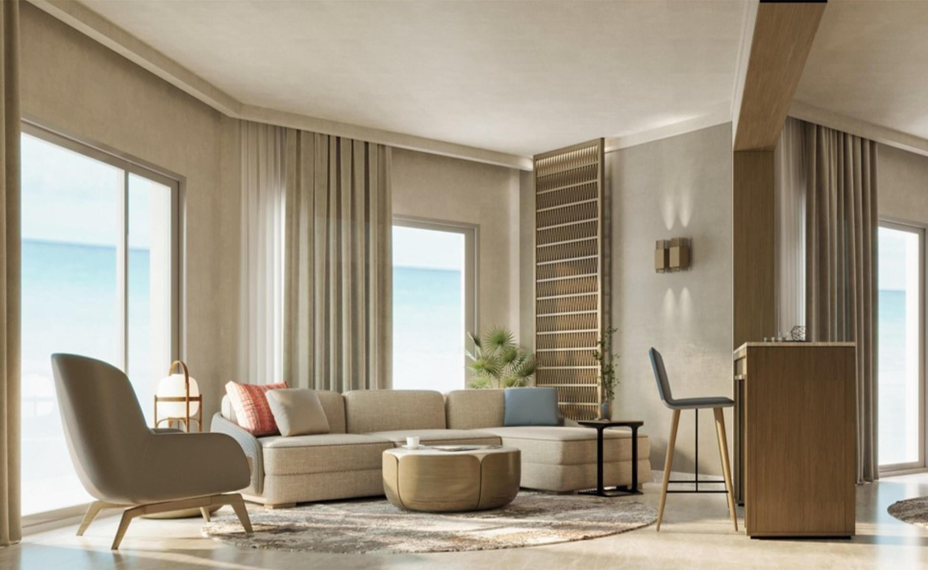 precedential suite , king bed, sea view , beachside | living area | 44-inch lcd tv with satellite channels, tv, mp3 dock