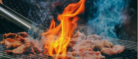 A grill with meat being cooked over an open flame.