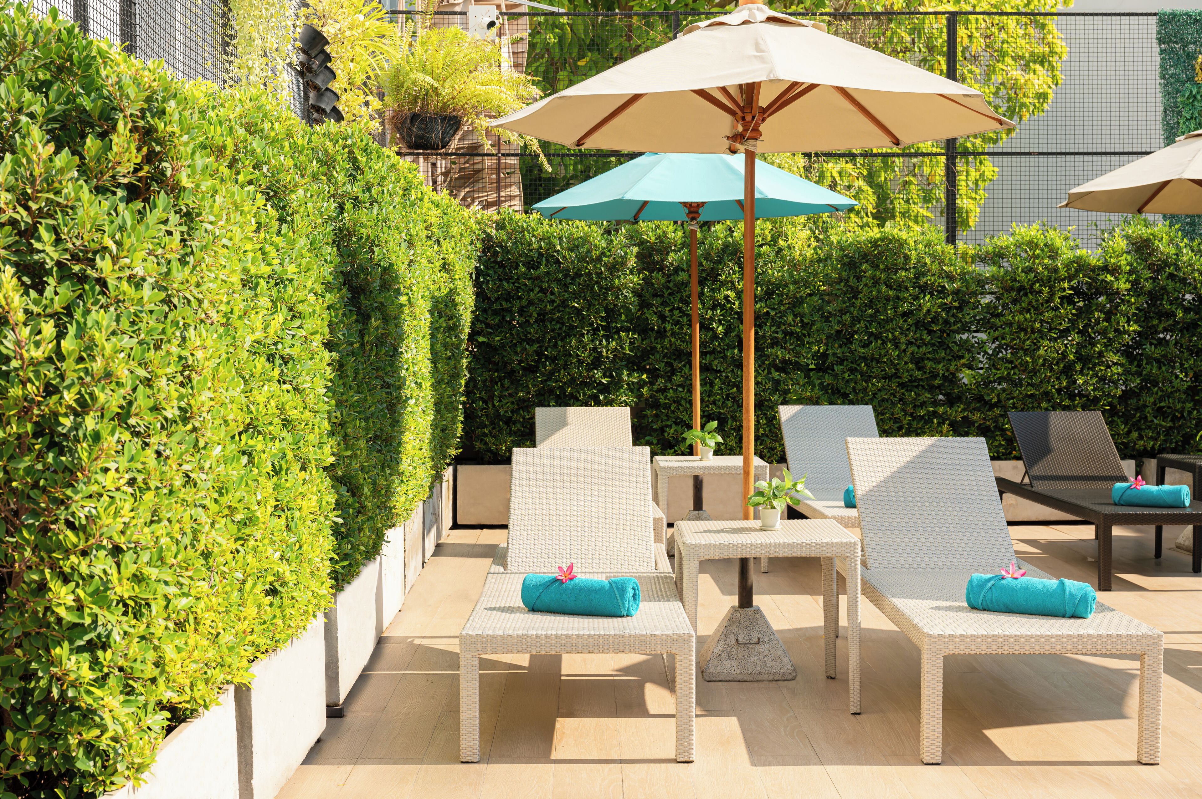Eine Terrassenfläche mit Liegestühlen, Tischen und Sonnenschirmen.
