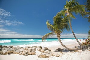 A beach with white sand, clear turquoise water, and palm trees.