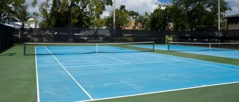 En tennisbane med et net i midten, omgivet af grøn overflade og et blåt område.