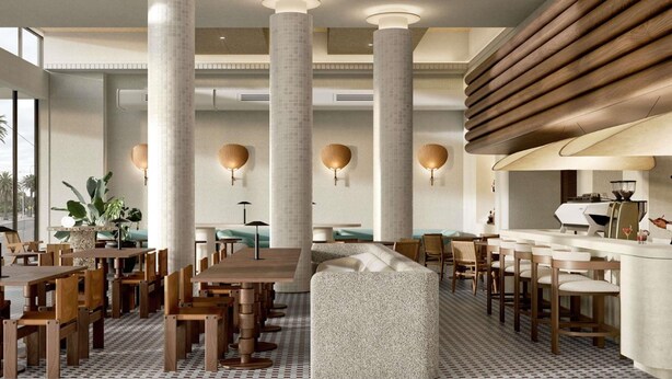 A modern interior with high ceilings, large columns, and a mix of wooden and upholstered furniture. - Novotel St Kilda (St Kilda)