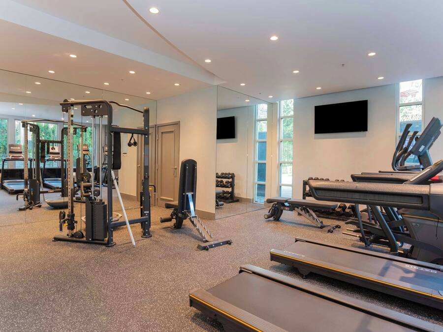 A gym with treadmills, weight machines, and a mirror wall.