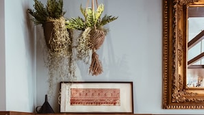 Eine Holzbank mit gepolsterten Sitzflächen, ein gerahmtes Bild, hängende Pflanzen und ein Spiegel an der Wand.