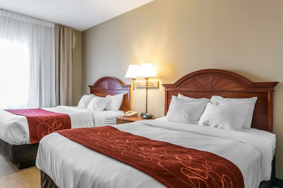 Une chambre d’hôtel avec deux lits, chacun agrémenté de draps blancs et de coussins décoratifs rouges. On y trouve une table de chevet avec une lampe et un téléphone.