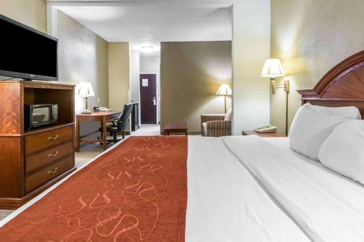 Une chambre d’hôtel comprenant un lit, un bureau avec un ordinateur, une télévision et deux lampes.