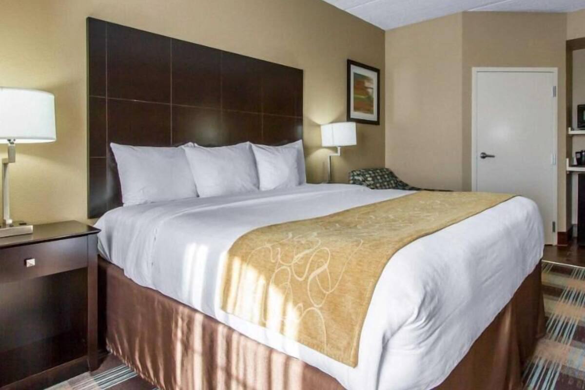 Une chambre d’hôtel avec un grand lit, une table de chevet avec une lampe, un téléviseur fixé au mur et une porte.