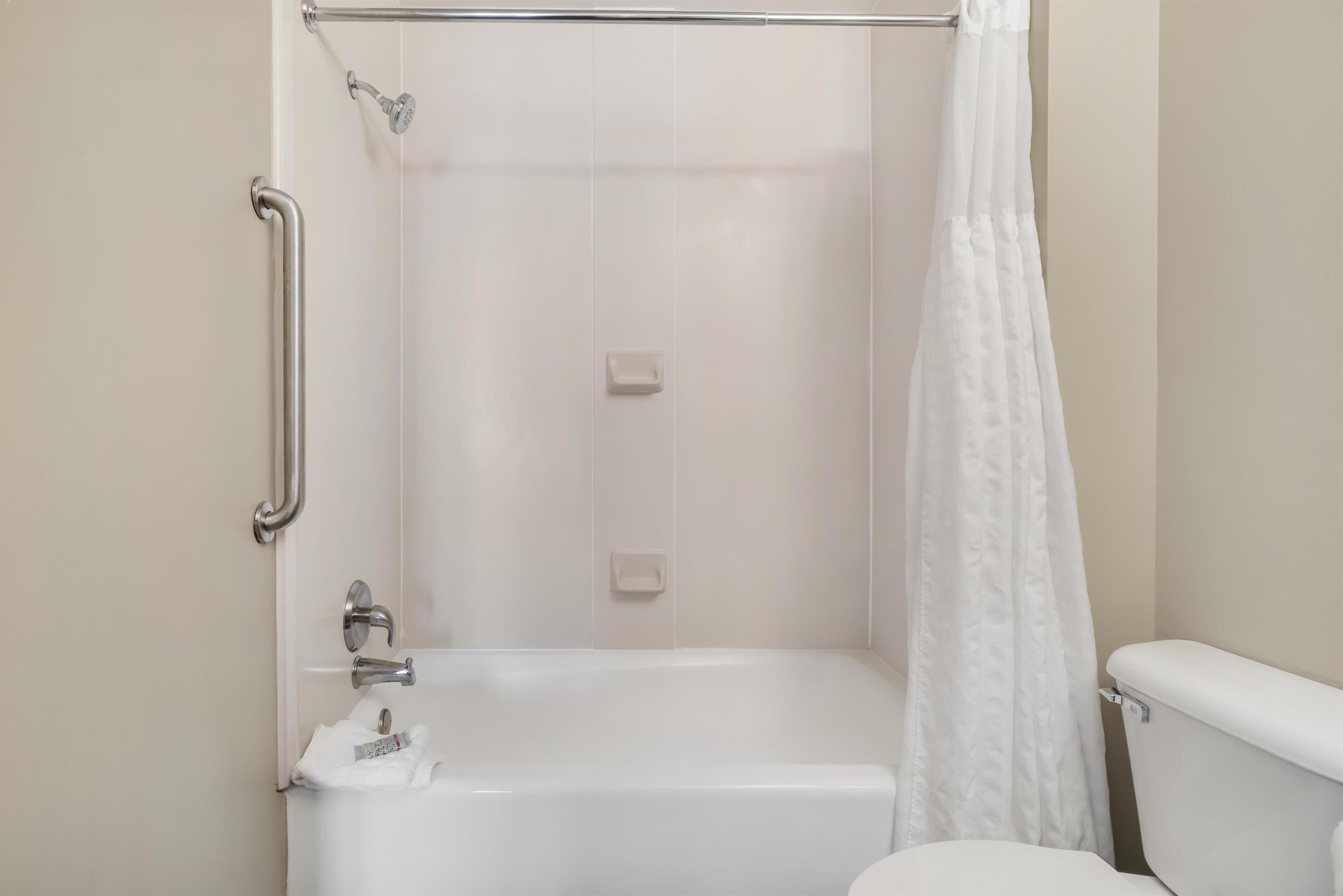Un baño con bañera, inodoro y zona de ducha.