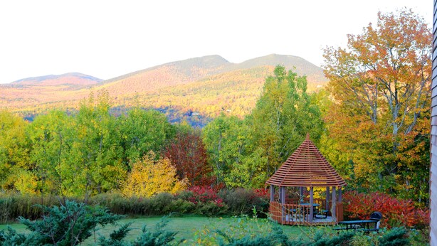 A gazebo with a picnic table and benches in a garden with autumn foliage and a mountain backdrop. - Nordic Village Resort (Jackson)