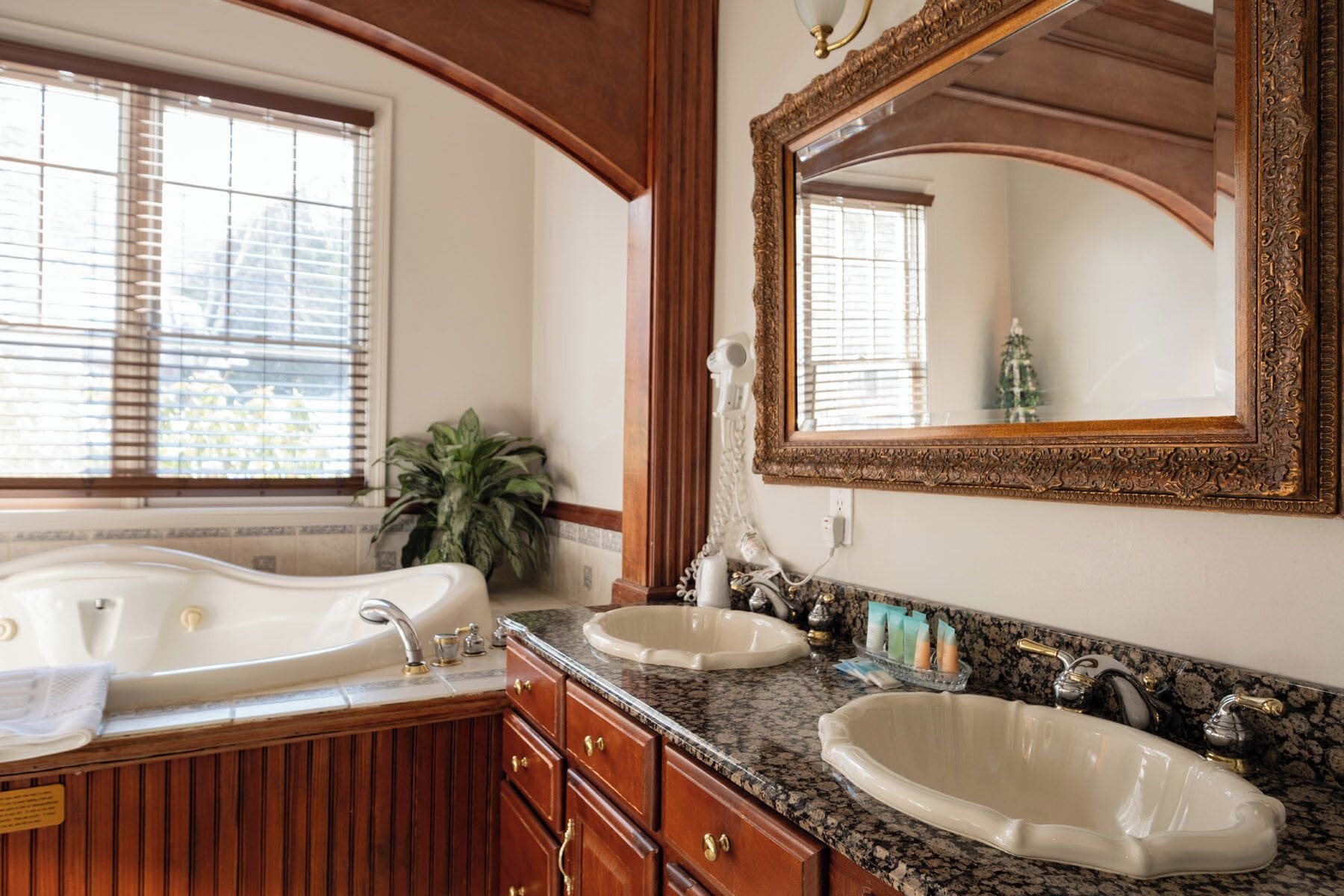 A bathroom with a double sink, a large mirror, and a bathtub.