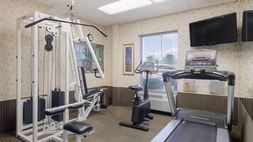 A gym with a treadmill, weight machines, and a stationary bike.