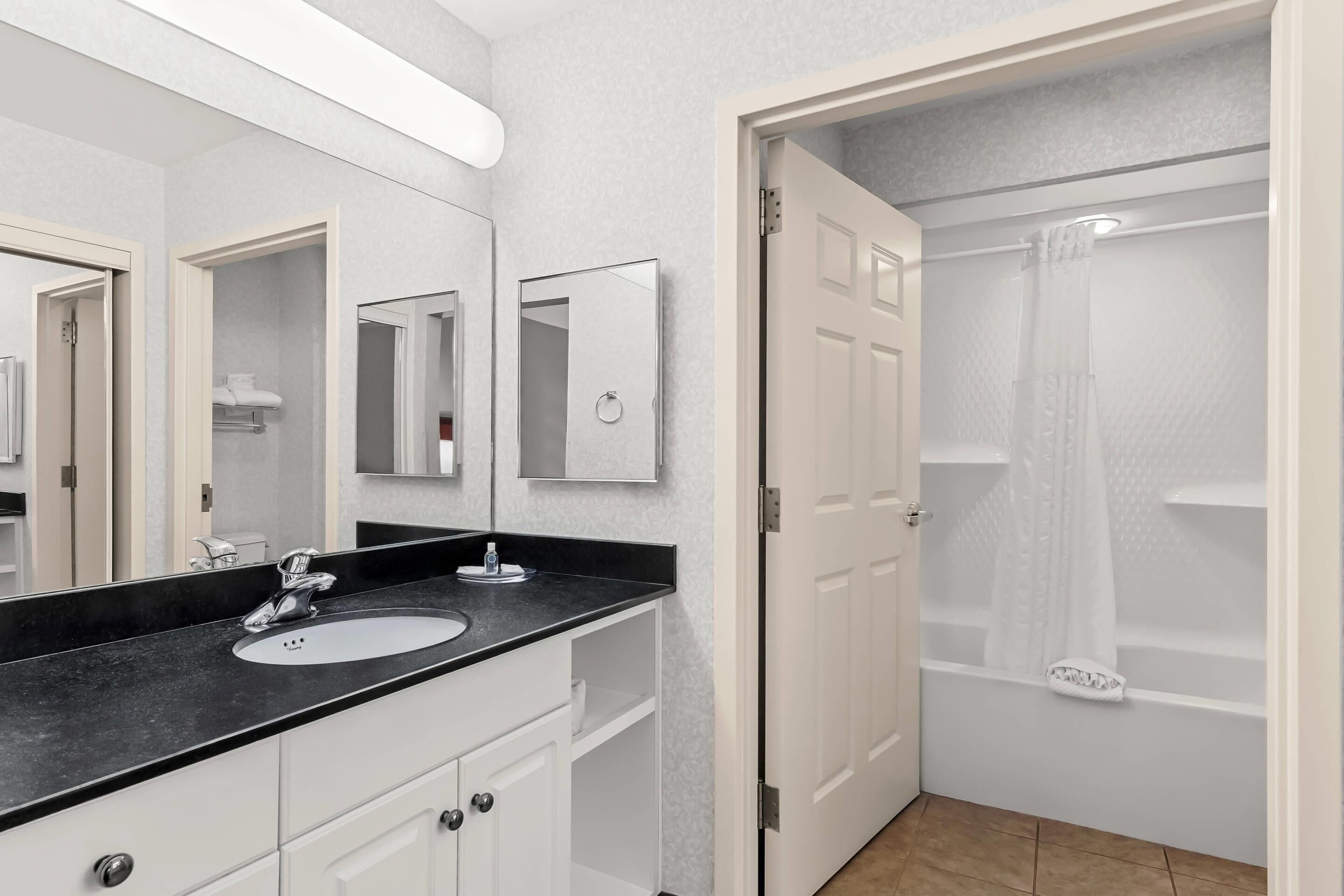 combined shower/bathtub, free toiletries, hair dryer, towels