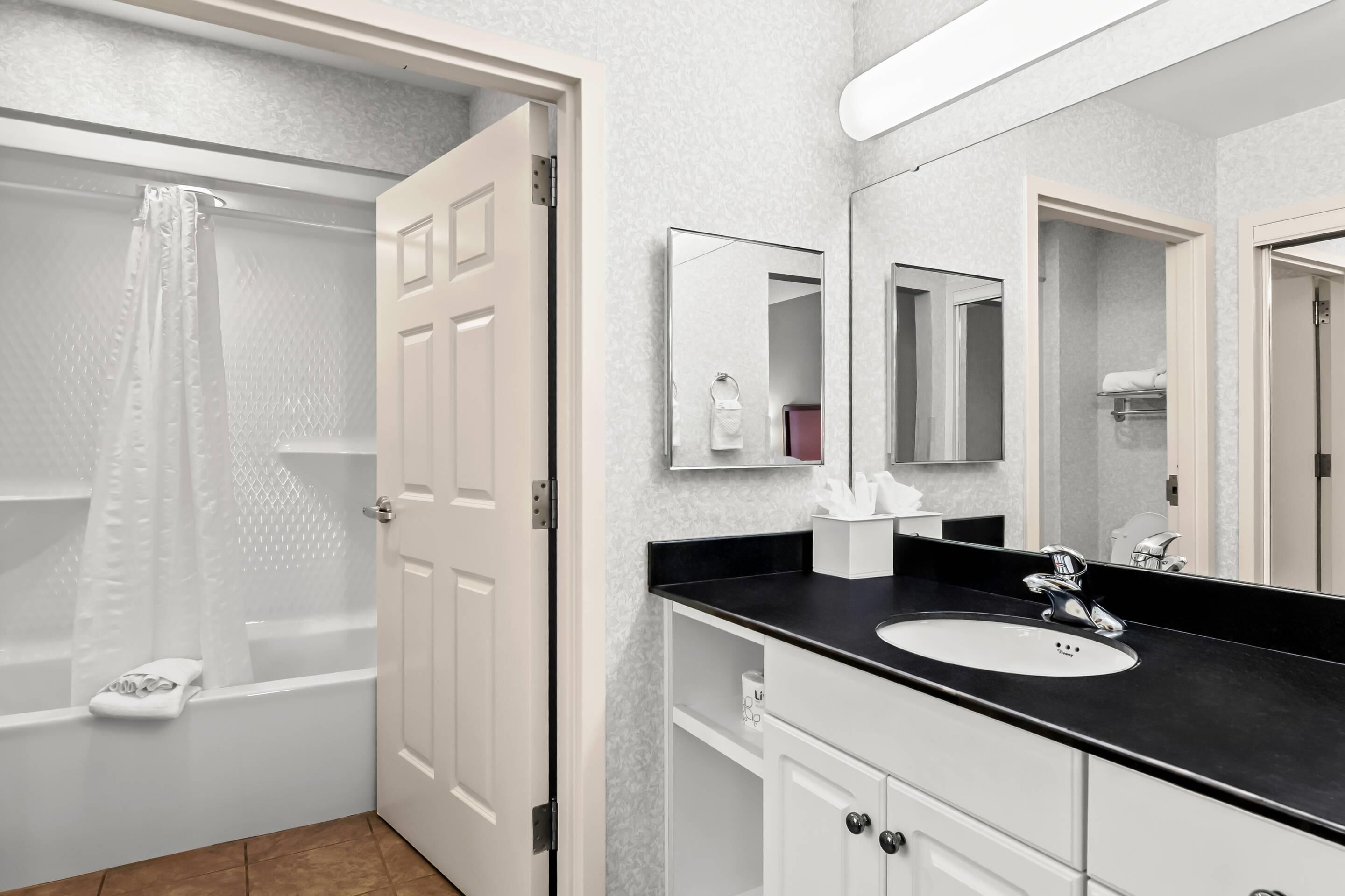 combined shower/bathtub, free toiletries, hair dryer, towels