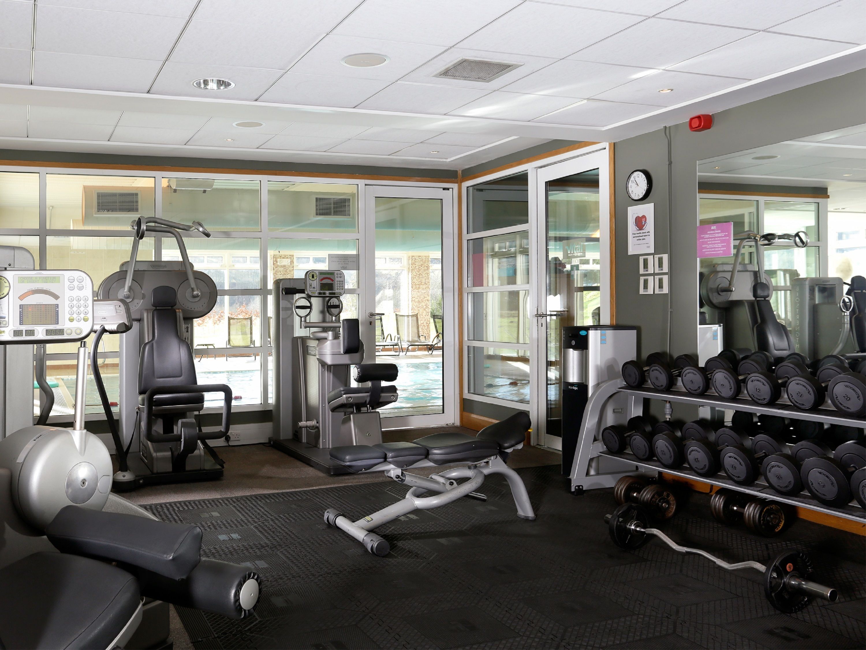 A gym with exercise equipment, a weight bench, and a rack of dumbbells.